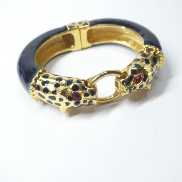 Double Leopard Head Bracelet KJL Kenneth Lane Black Gold Rhinestone Bangle Vtg - Picture 3 of 8